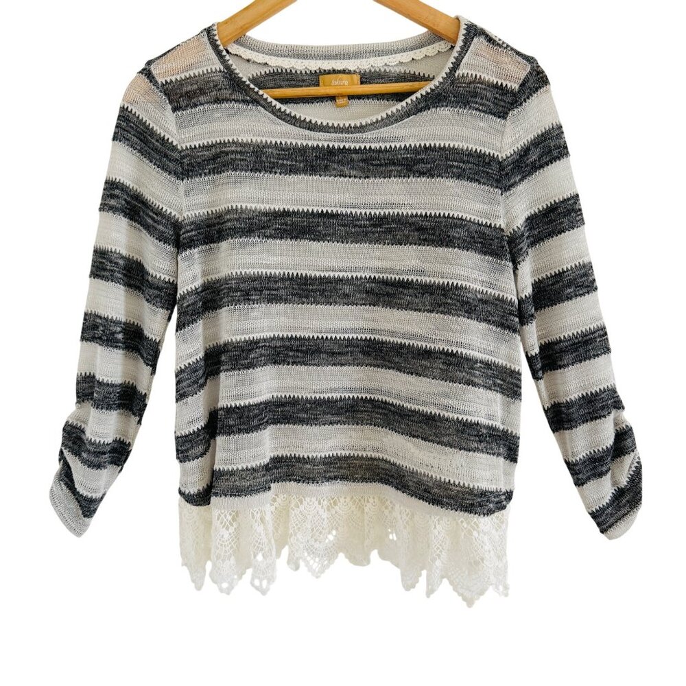 Takara Lace Hem Striped Knit Sweater Gray Ivory‎ L NWT Romantic Knit Cottagecore